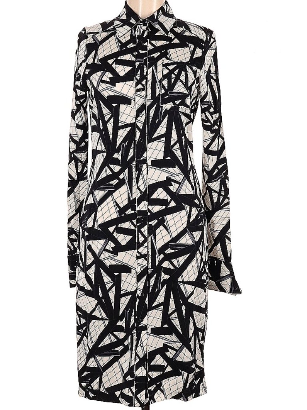 NWT DVF Black & white long sleeve graffiti shirt dress, size 8
